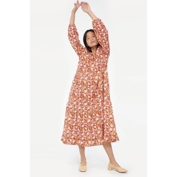 LACAUSA Berkeley Ruffle Midi Dress Womens XS Burnt Orange Floral Balloon Sleeves - Picture 2 of 16